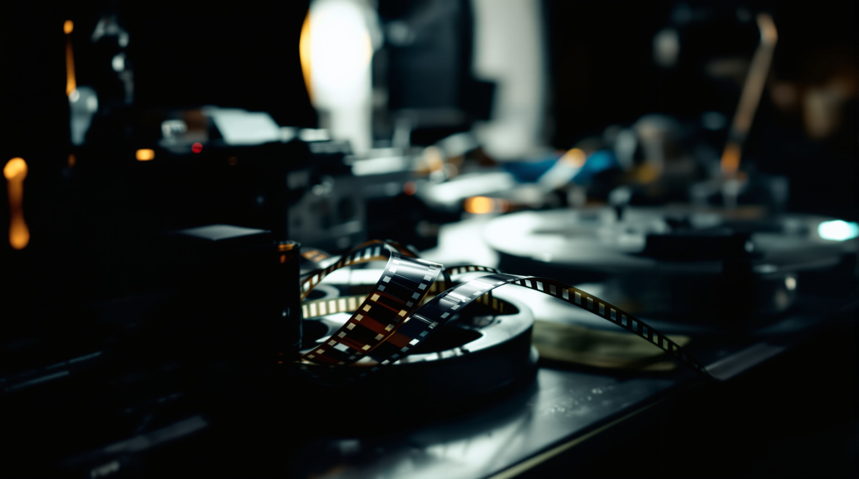 Strips of 35mm film reel coiled on a spool on an editing bench under a warm lamp
