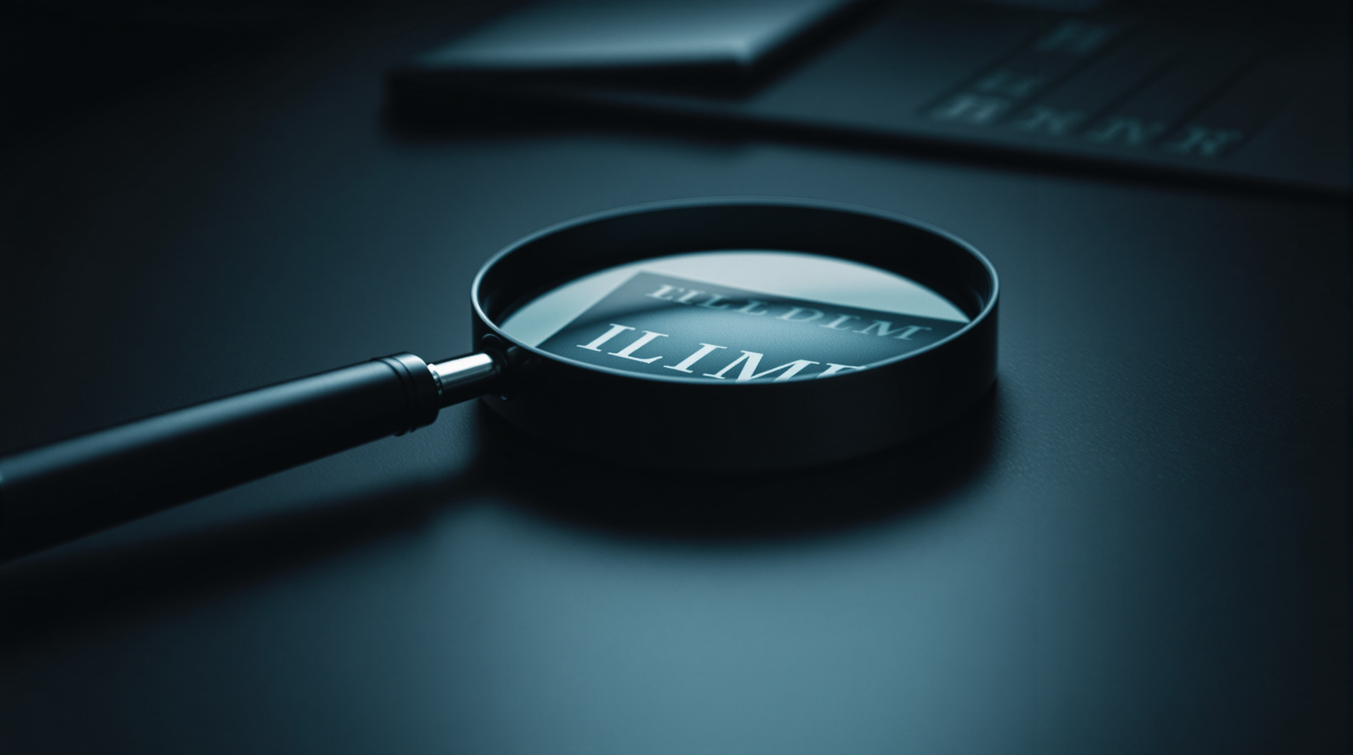 A magnifying glass resting on a single frame of film strip on a dark desk
