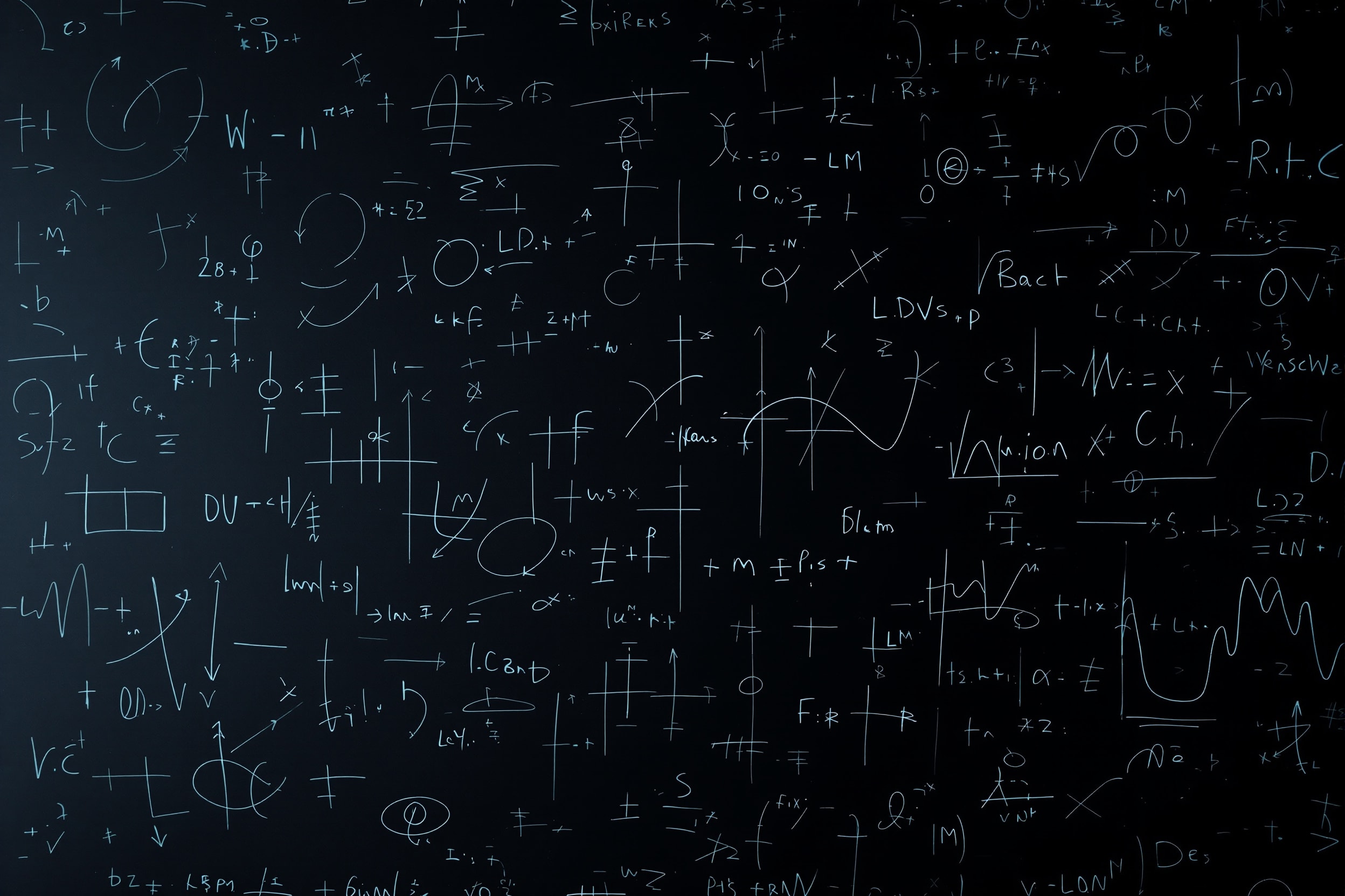 A dark chalkboard with faint abstract physics marks