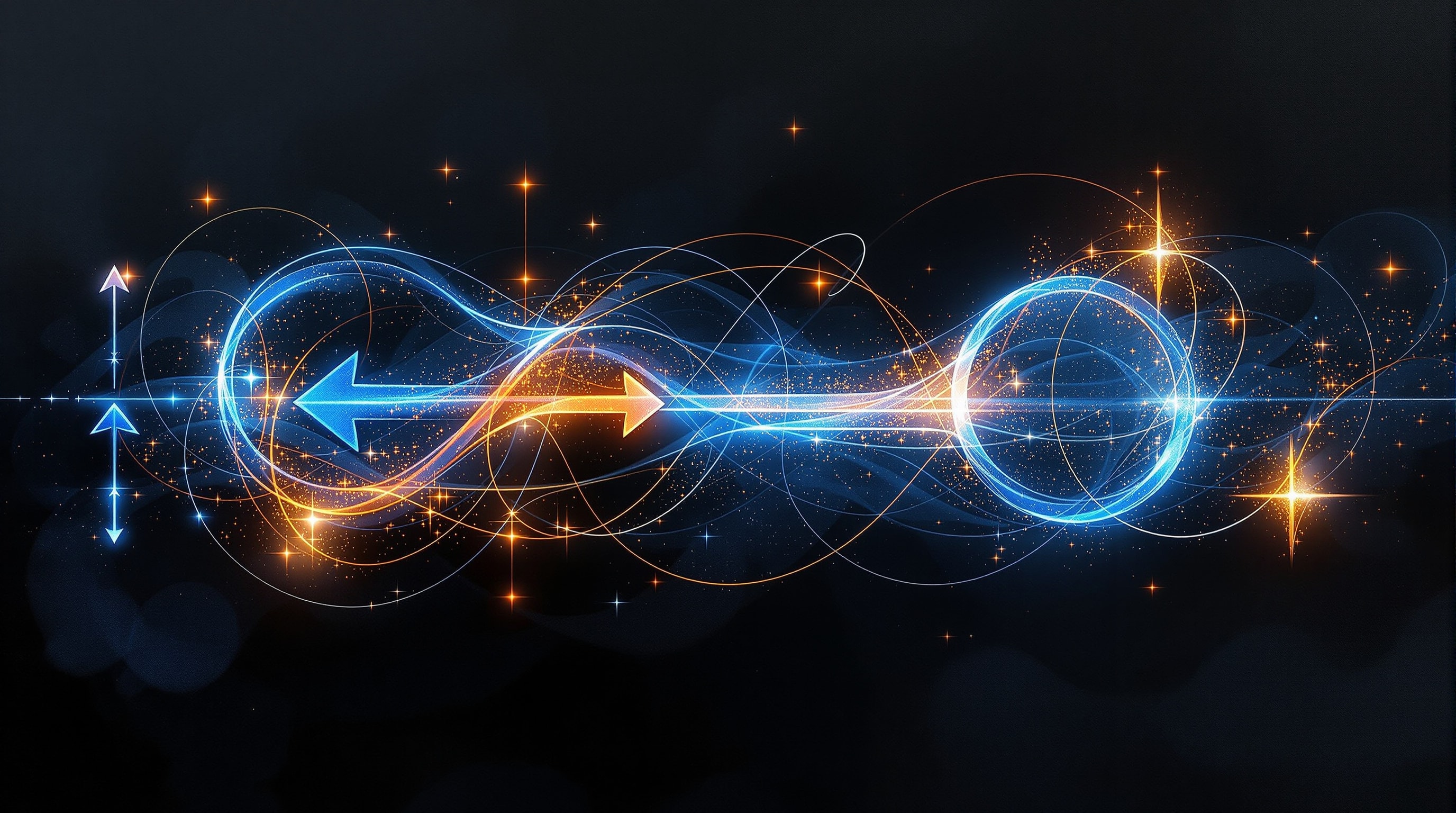 A conceptual illustration of energy flow arrows in a closed loop on a dark background