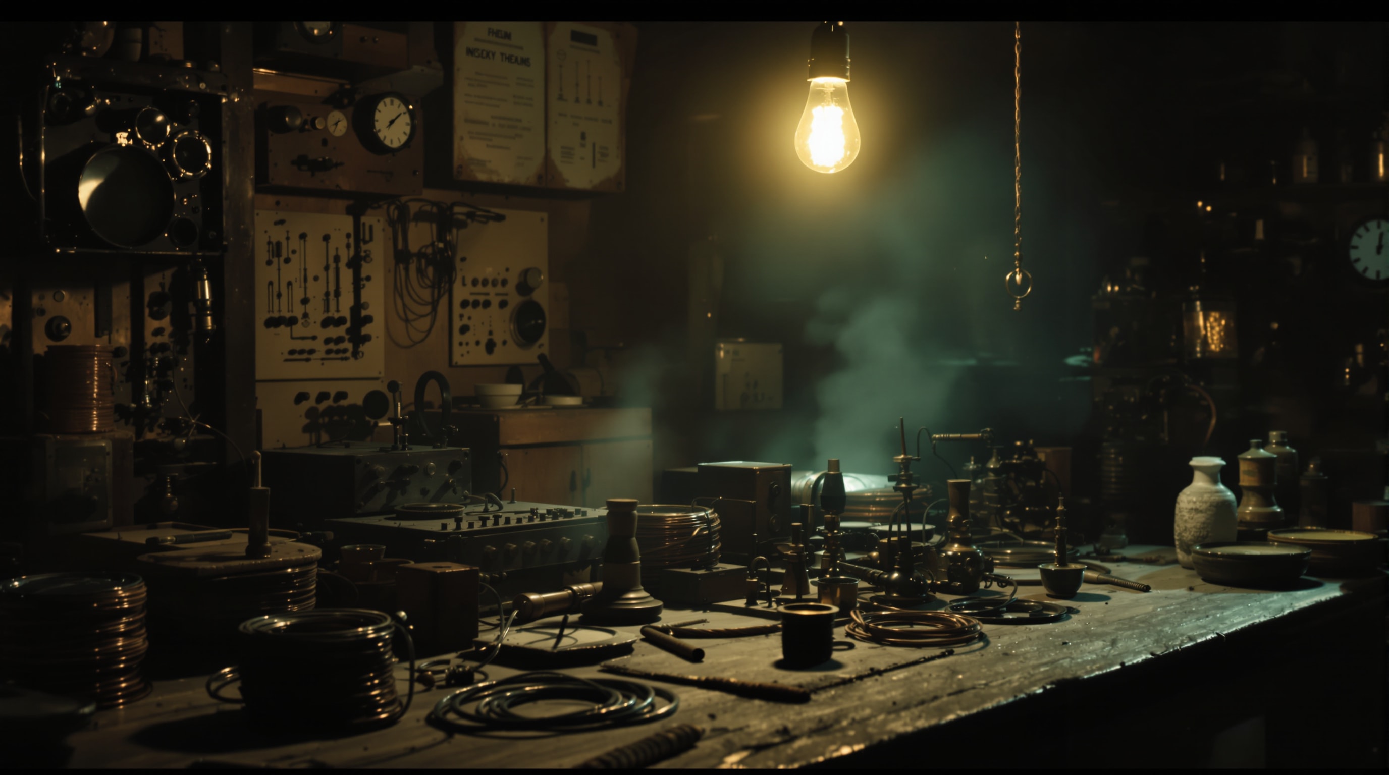 A cluttered mid-century inventor's workshop at night